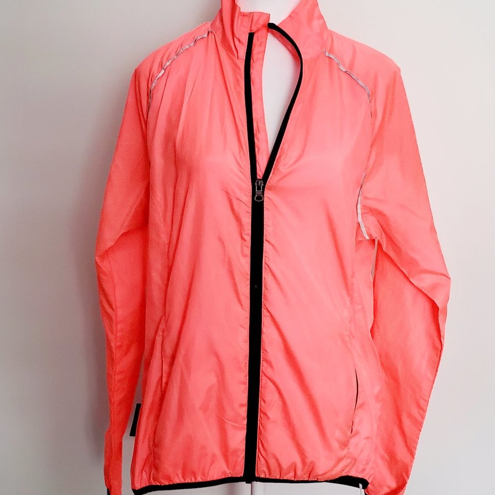 Women's Light Windbreaker Jacket Coral Pink Black Reflective Trim Activewear 8